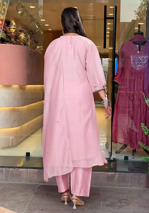 Peach Embroidered Poly Blended Kurta Sets