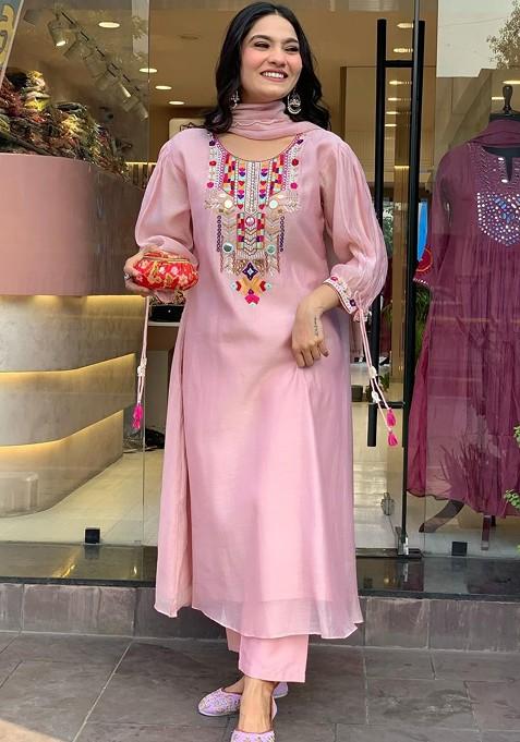 Peach Embroidered Poly Blended Kurta Sets