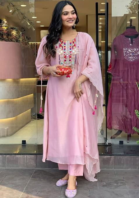 Peach Embroidered Poly Blended Kurta Sets