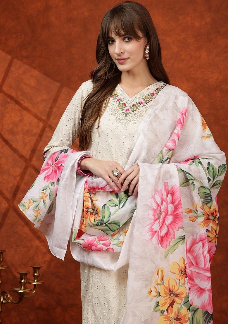 Cream Embroidered Poly Blended Kurta Sets