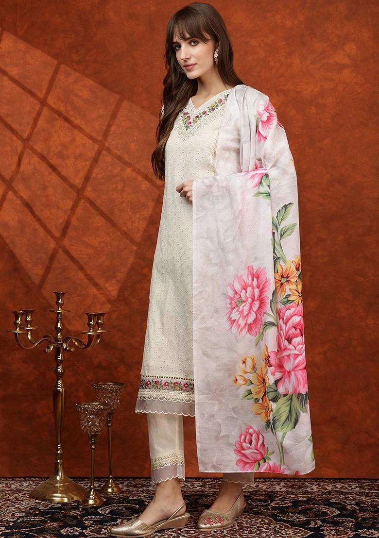Cream Embroidered Poly Blended Kurta Sets
