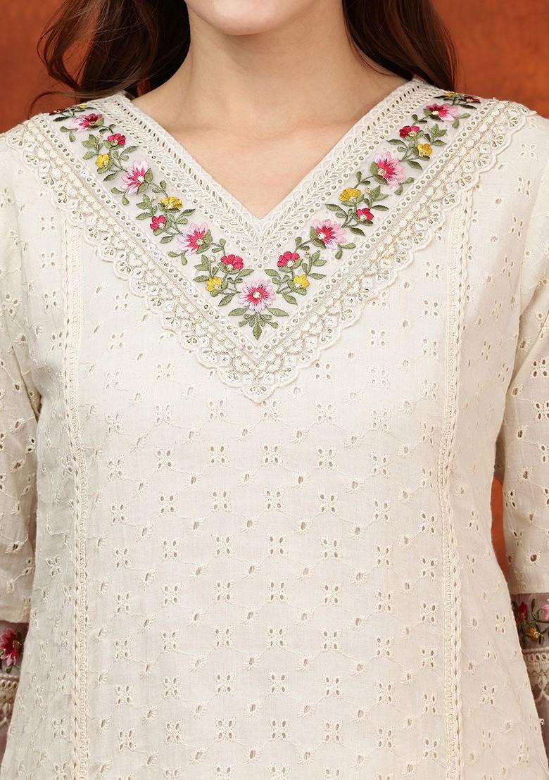Cream Embroidered Poly Blended Kurta Sets