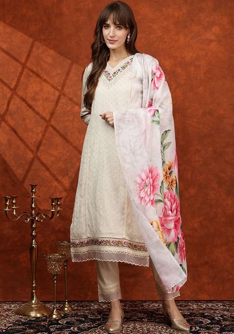 Cream Embroidered Poly Blended Kurta Sets