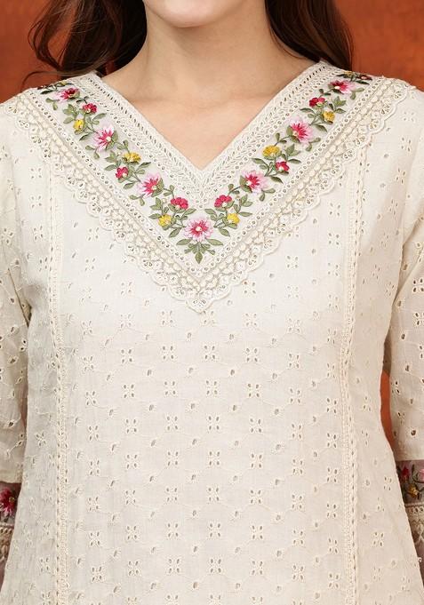 Cream Embroidered Poly Blended Kurta Sets
