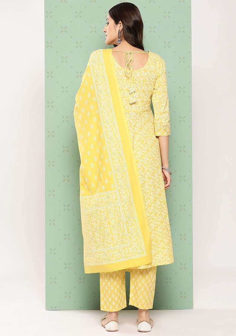 Yellow Embroidered Poly Blended Kurta Sets - Indya
