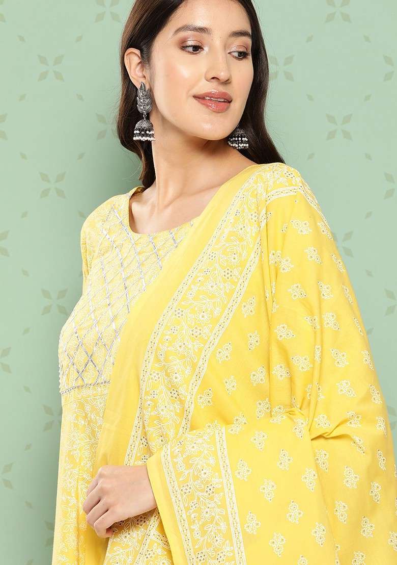 Yellow Embroidered Poly Blended Kurta Sets - Indya