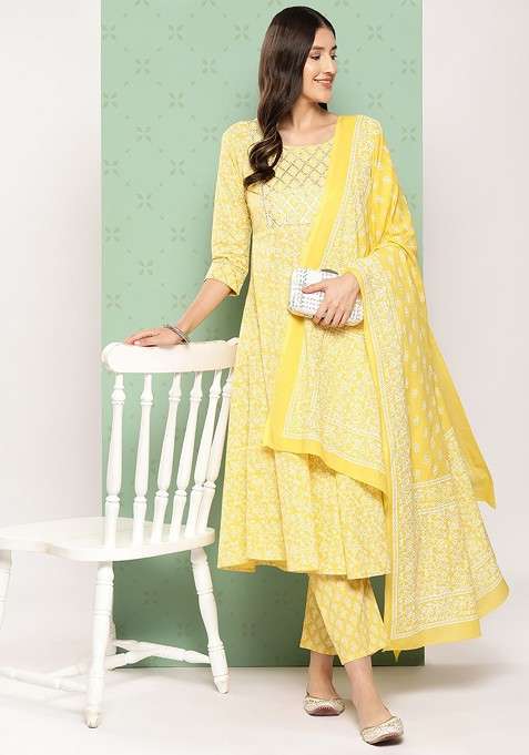 Yellow Embroidered Poly Blended Kurta Sets