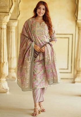 Mauve Embroidered Poly Blended Kurta Sets