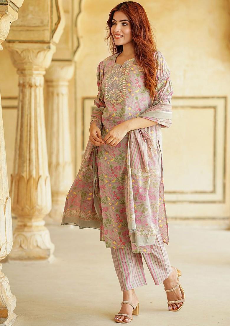 Mauve Embroidered Poly Blended Kurta Sets - Indya