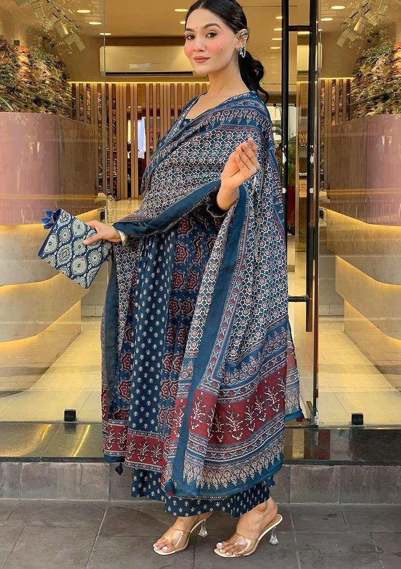 Blue Embroidered Poly Blended Kurta Sets - Indya