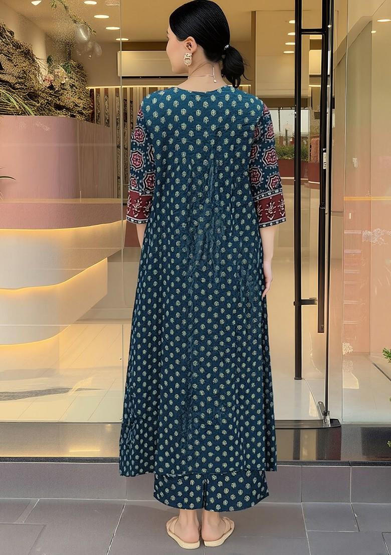 Blue Embroidered Poly Blended Kurta Sets - Indya