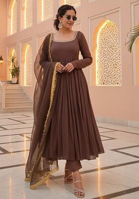 Coffee Brown Embroidered Poly Blended Kurta Sets