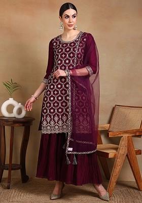 Burgundy Embroidered Poly Blended Kurta Sets