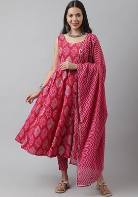 Magenta Embroidered Poly Blended Kurta Sets