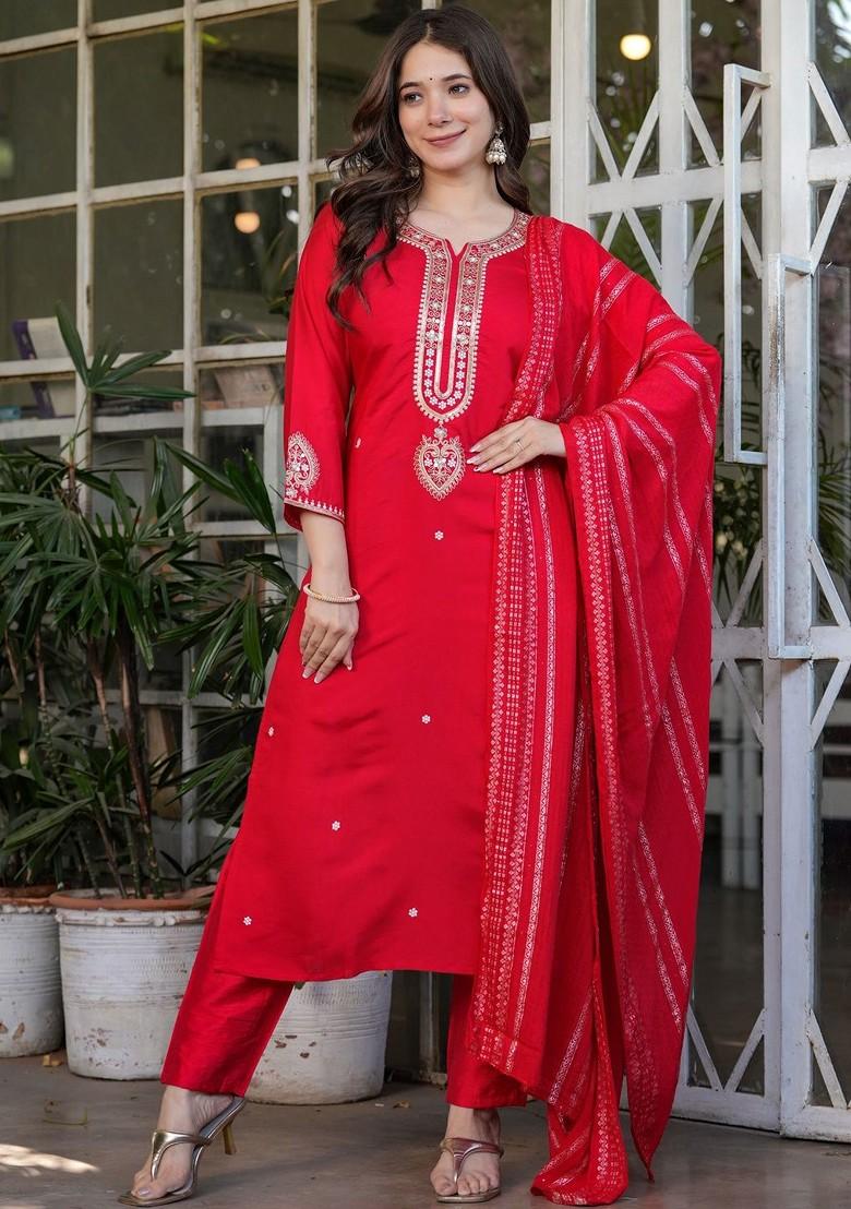 Red Embroidered Poly Blended Kurta Sets