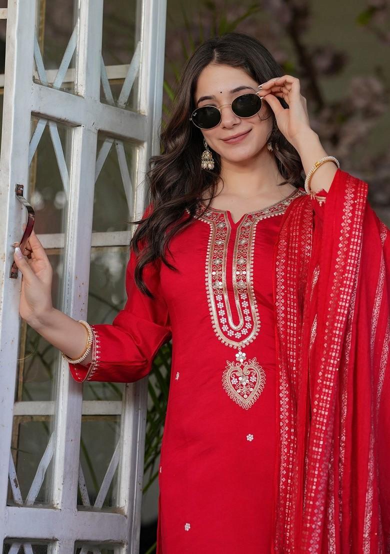 Red Embroidered Poly Blended Kurta Sets