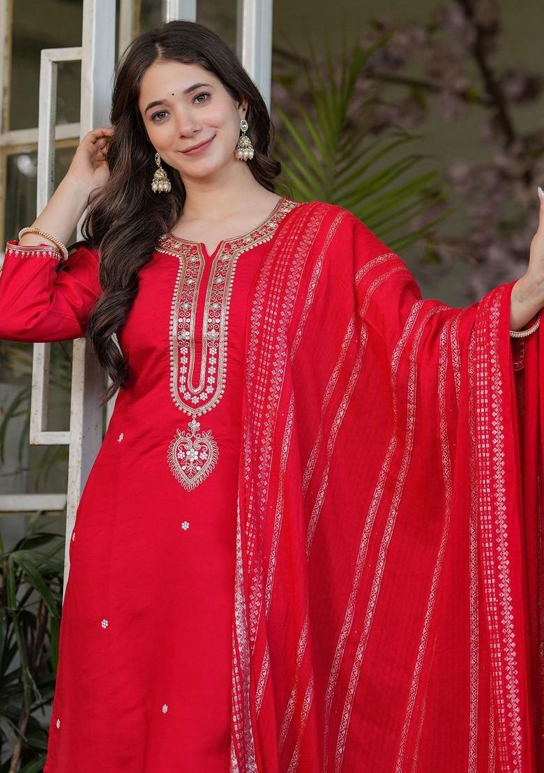 Red Embroidered Poly Blended Kurta Sets