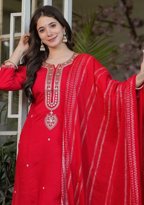 Red Embroidered Poly Blended Kurta Sets