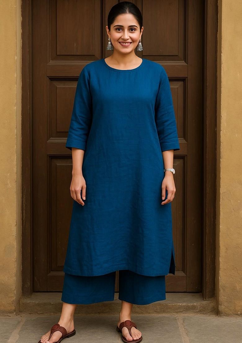 Blue Embroidered Poly Blended Kurta Sets - Indya