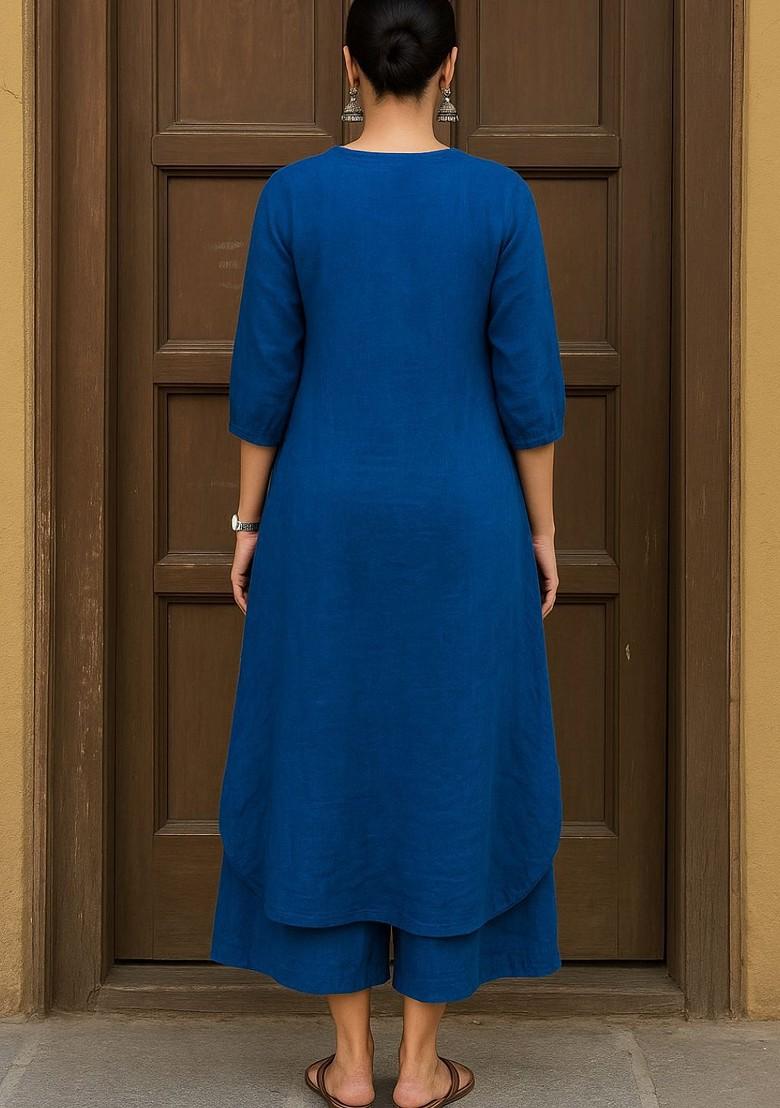 Blue Embroidered Poly Blended Kurta Sets - Indya