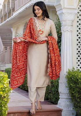 Beige Embroidered Poly Blended Kurta Sets