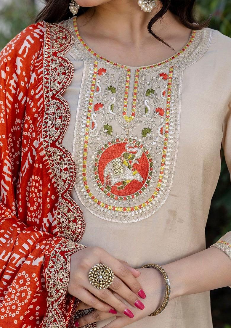 Beige Embroidered Poly Blended Kurta Sets - Indya