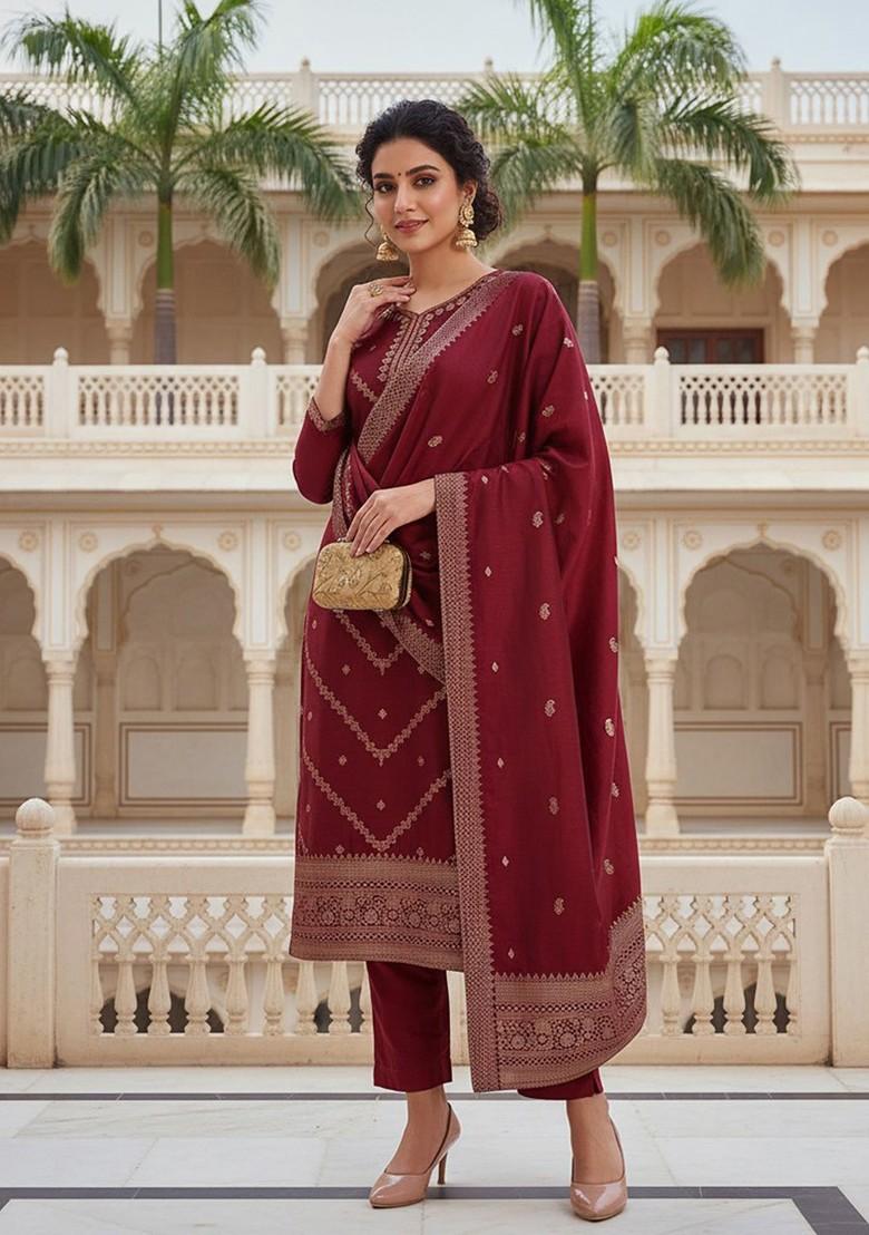 Maroon Embroidered Poly Blended Kurta Sets - Indya