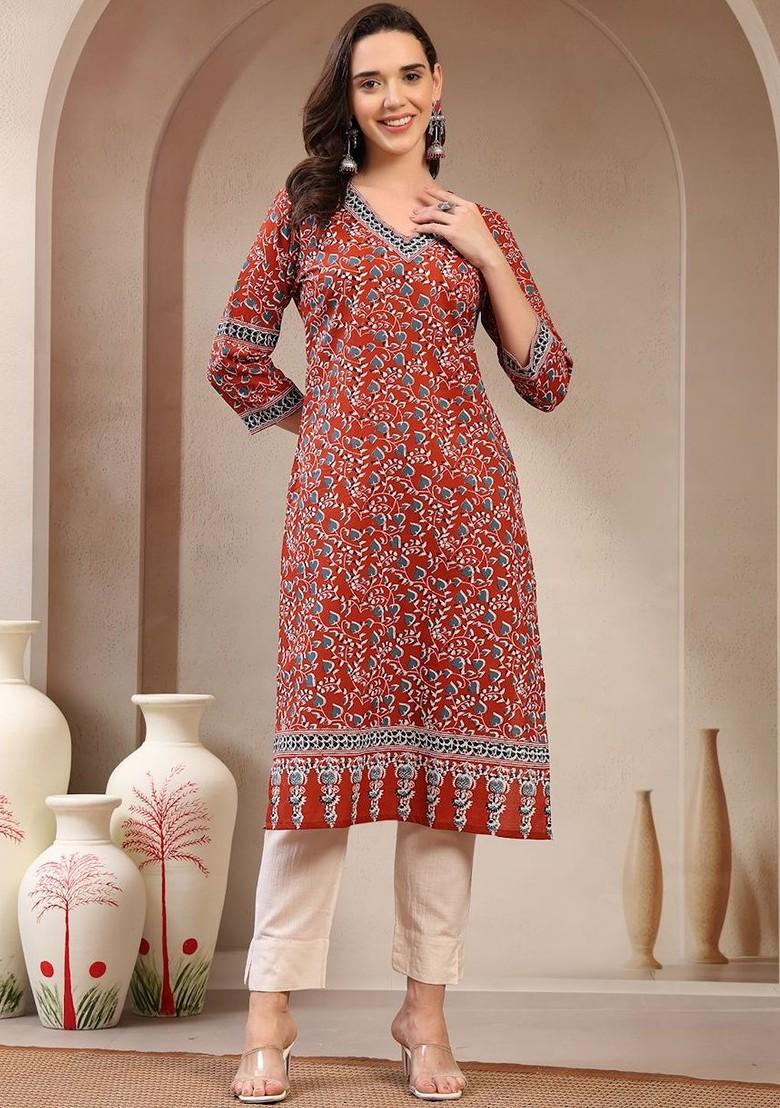 Maroon Embroidered Poly Blended Kurtas - Indya