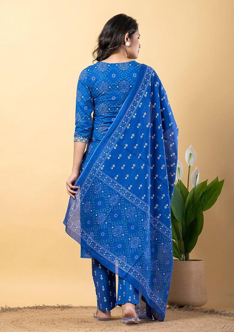 Blue Embroidered Poly Blended Kurta Sets - Indya
