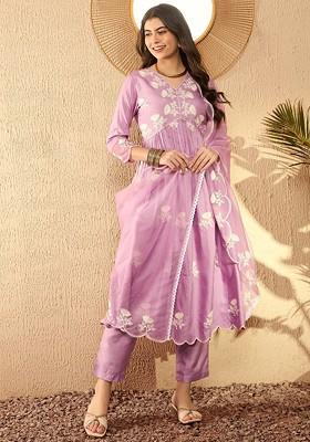 Lavender Embroidered Poly Blended Kurta Sets
