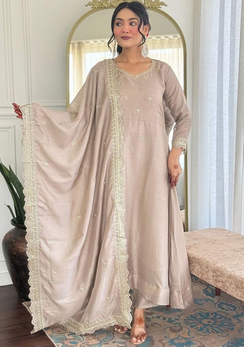 Cream Embroidered Poly Blended Kurta Sets