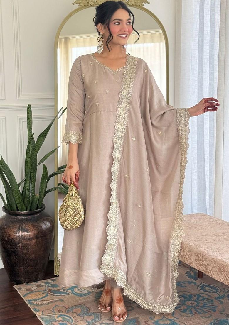 Cream Embroidered Poly Blended Kurta Sets