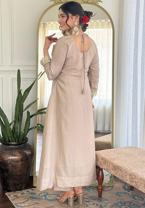 Cream Embroidered Poly Blended Kurta Sets