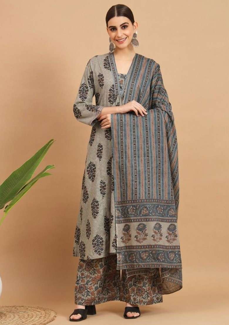 Grey Embroidered Poly Blended Kurta Sets - Indya