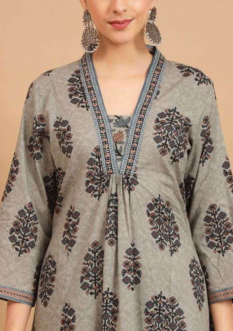 Grey Embroidered Poly Blended Kurta Sets - Indya