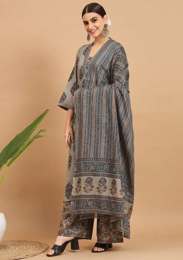 Grey Embroidered Poly Blended Kurta Sets - Indya