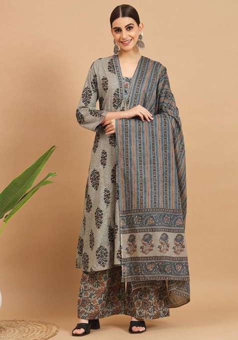 Grey Embroidered Poly Blended Kurta Sets