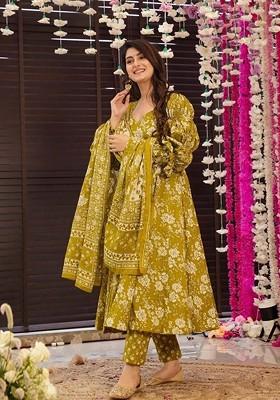 Lime Green Embroidered Poly Blended Kurta Sets