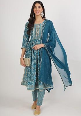Turquoise Blue Embroidered Poly Blended Kurta Sets