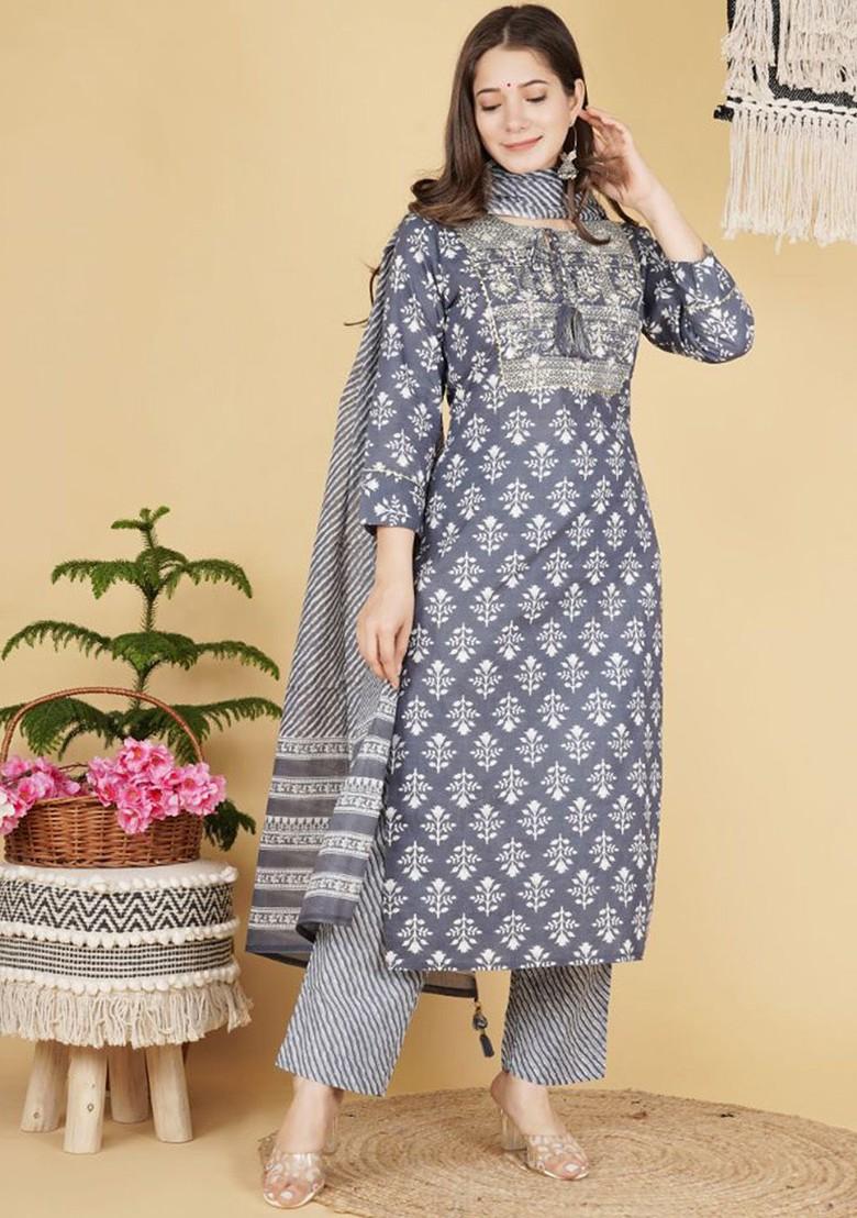 Grey Embroidered Poly Blended Kurta Sets - Indya