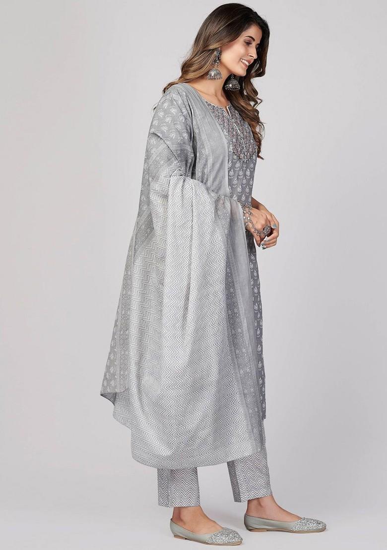 Grey Embroidered Poly Blended Kurta Sets - Indya