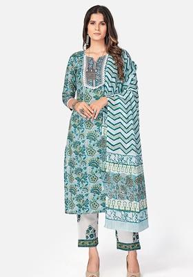 Turquoise Blue Embroidered Poly Blended Kurta Sets
