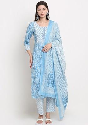 Turquoise Blue Embroidered Poly Blended Kurta Sets