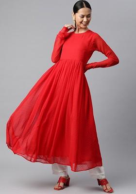 Red Embroidered Poly Blended Kurtas