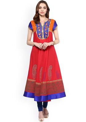 Red Embroidered Poly Blended Kurtas