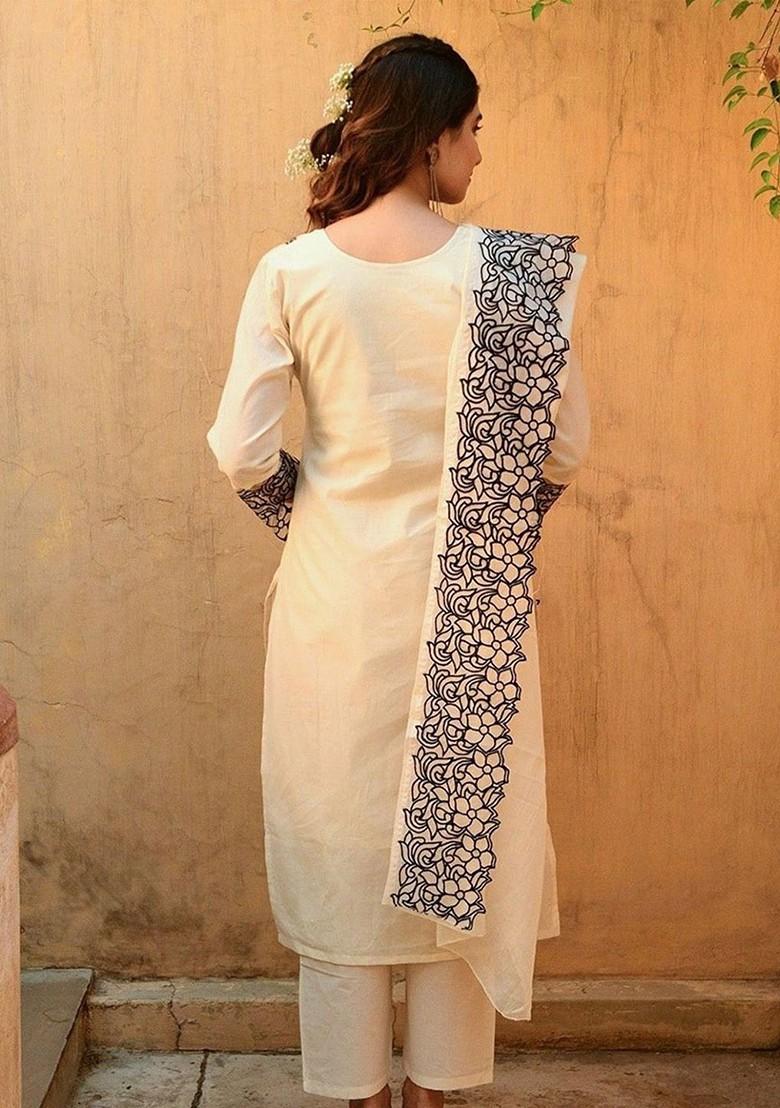 Off White Embroidered Poly Blended Kurta Sets - Indya