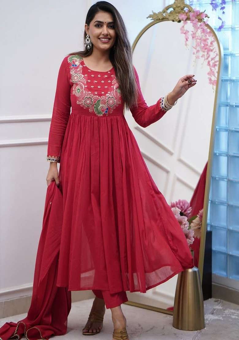 Maroon Embroidered Poly Blended Kurta Sets - Indya