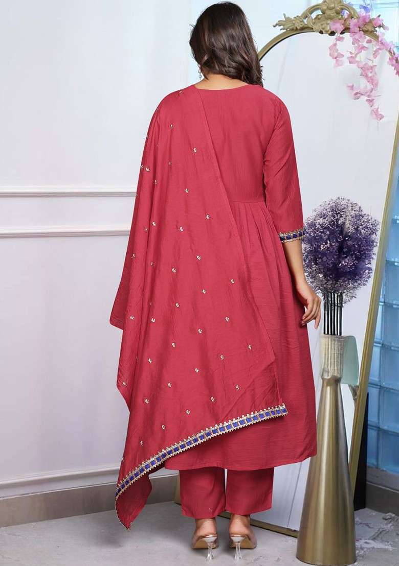 Maroon Embroidered Poly Blended Kurta Sets - Indya