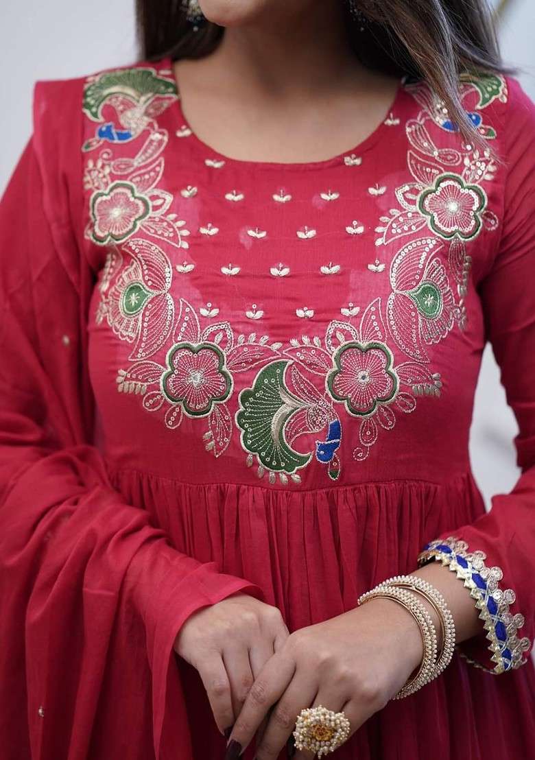 Maroon Embroidered Poly Blended Kurta Sets - Indya