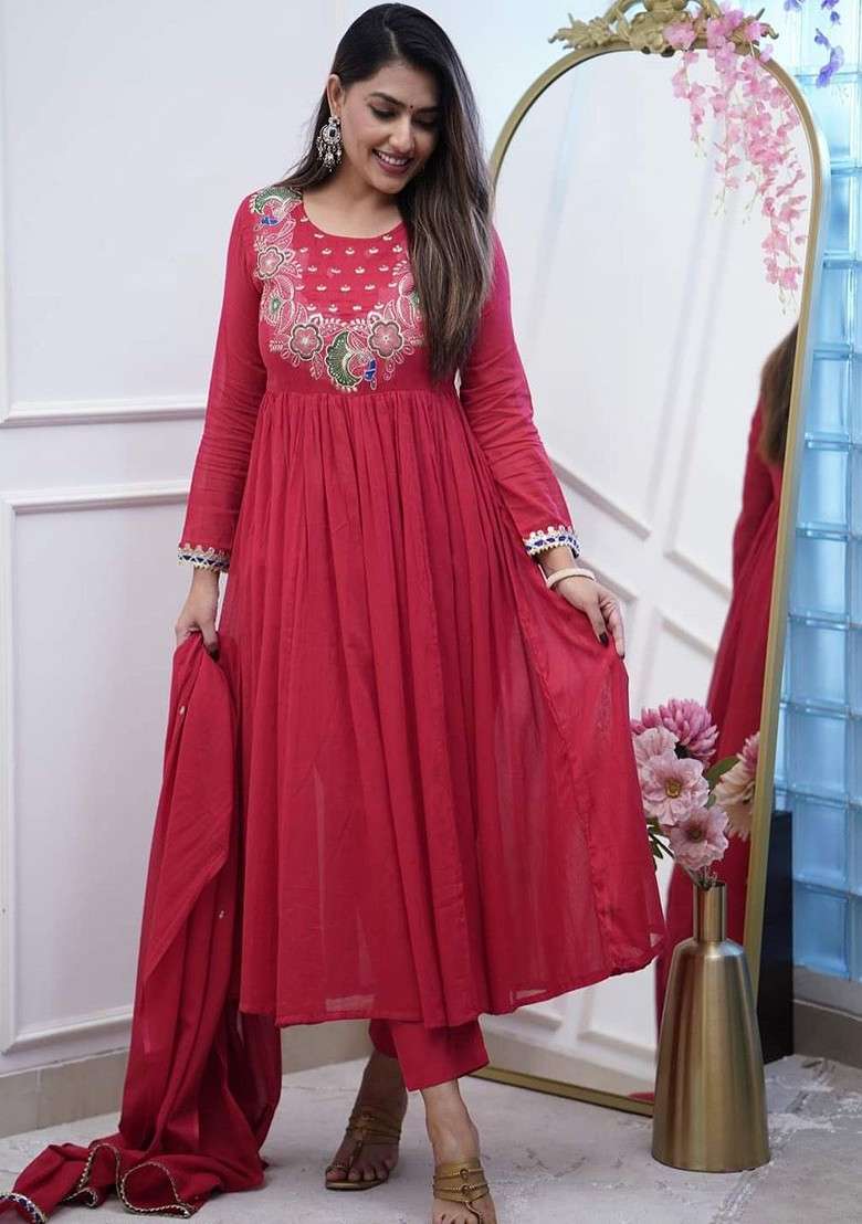 Maroon Embroidered Poly Blended Kurta Sets - Indya